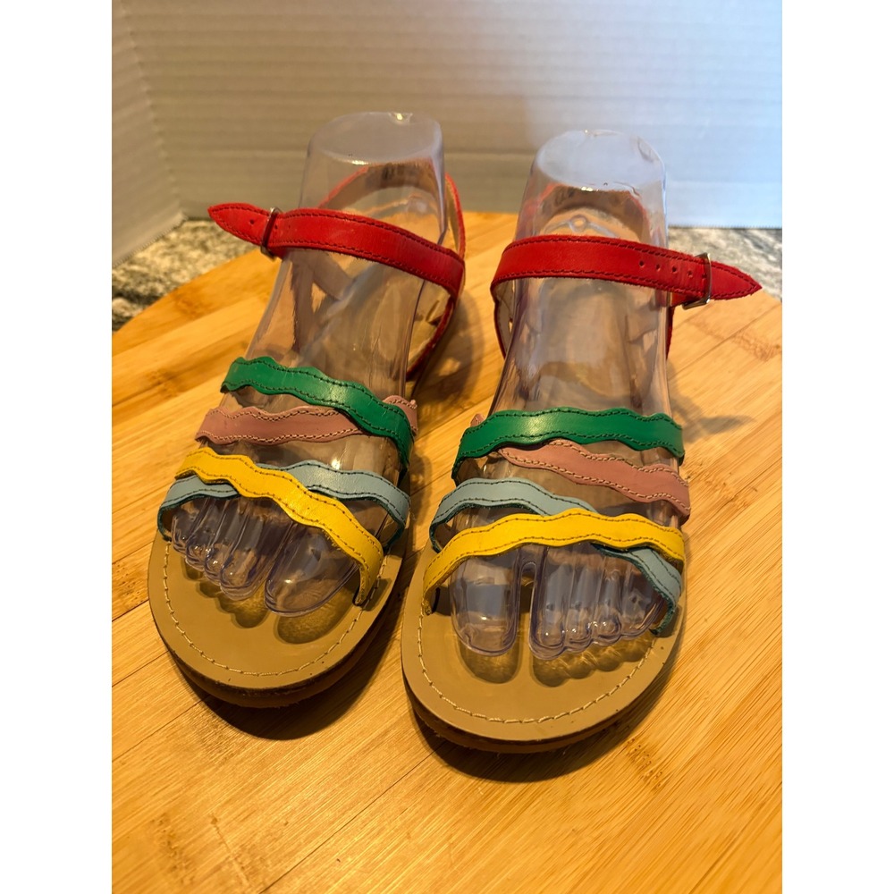 Mini Boden Girls Rainbow‎ Wavy Scalloped Strap Leather Sandals EU 37 Multi-Color